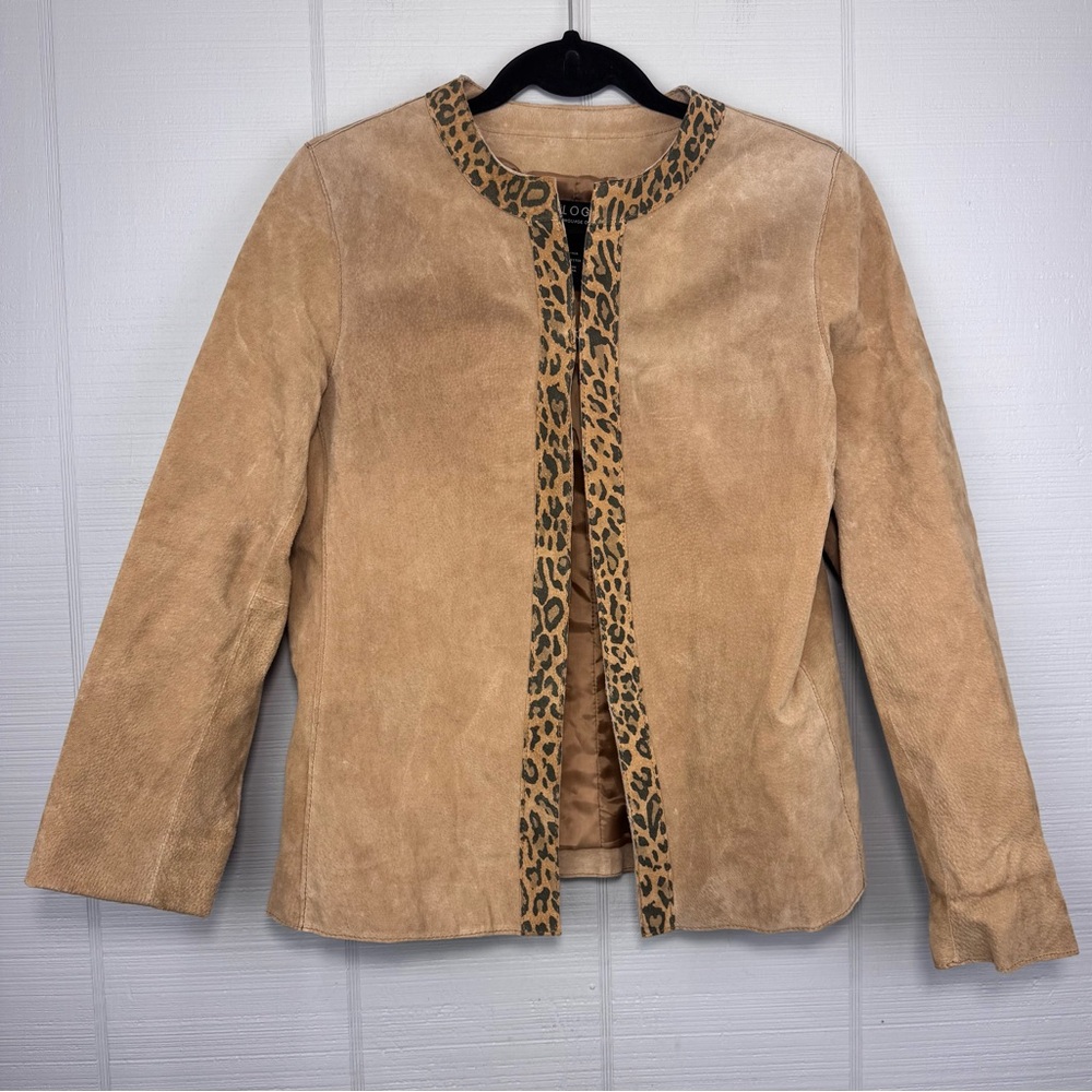 Dialogue Tan Suede Leather Jacket Leopard Print Trim 90s Y2K Size S